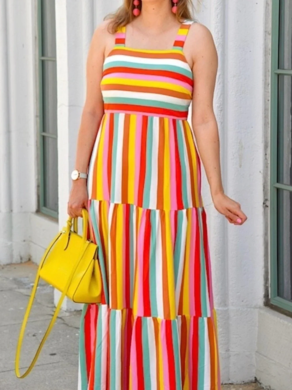 J. Crew Maxi Dress Rainbow Stripe Colorful Cotton Square Neck New Size Medium